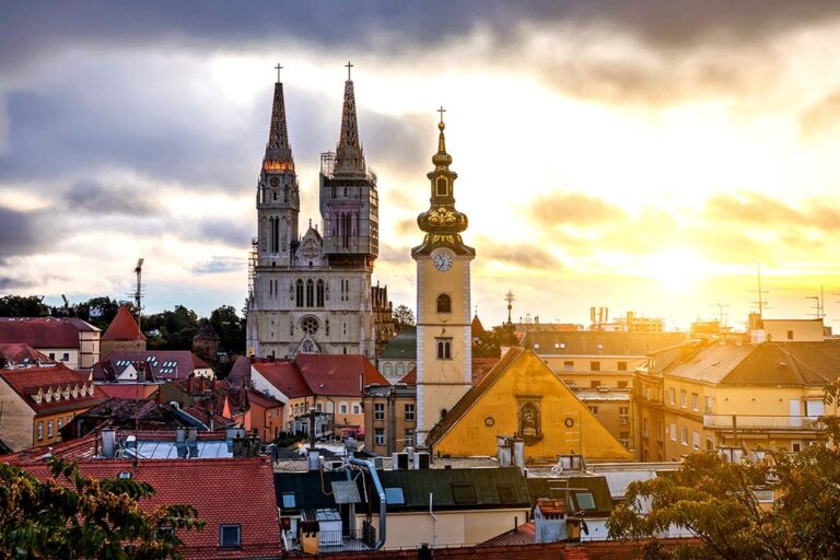 Aerial view of the Cathedral in Zagreb at sunrise. Croatia.