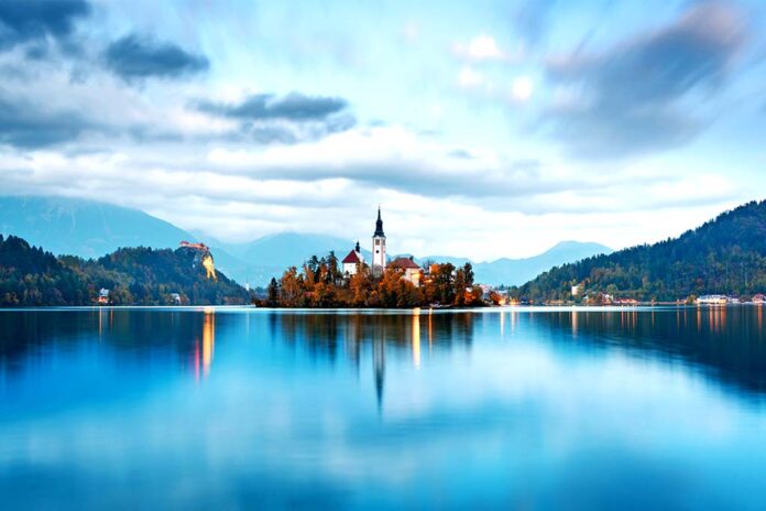 Colorful sunrise view of Bled lake in Julian Alps, Slovenia