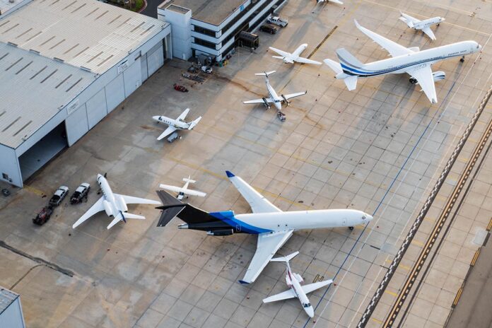 Airport with airplane, view from above