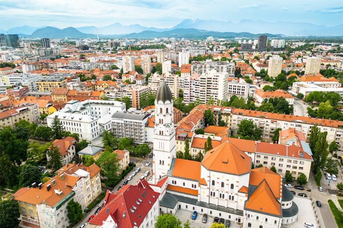 Aerial drone view of Ljubljana, Slovenia