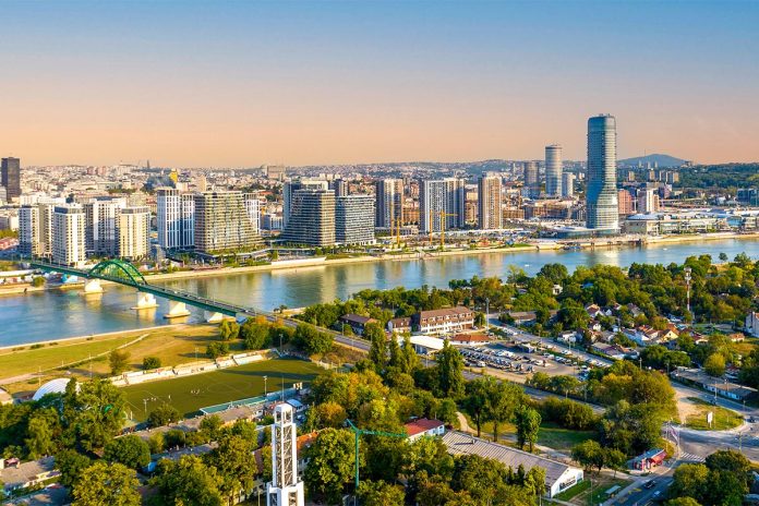 Panoramic night view of Belgrade Waterfront, Sava River, Belgrad
