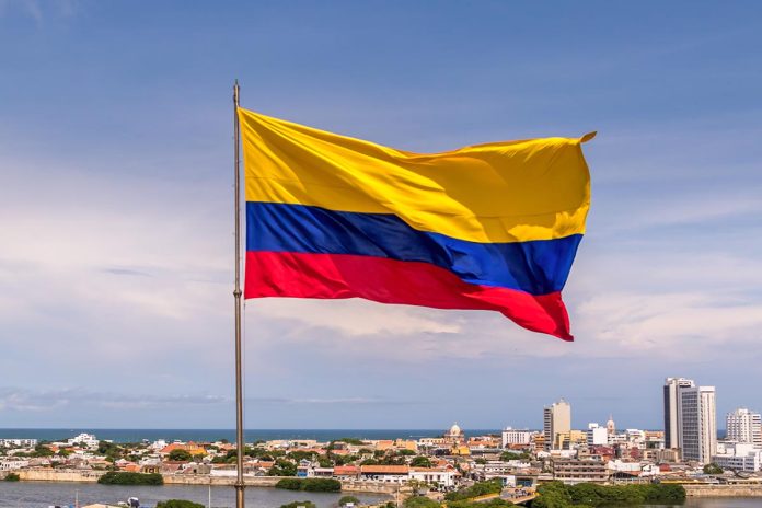 Colombian Flag over city of Cartagena, Colombia