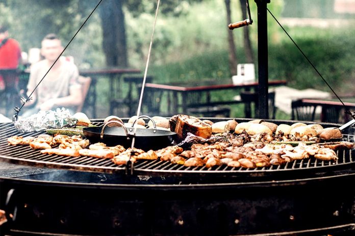 Grilled meat and vegetables mushrooms