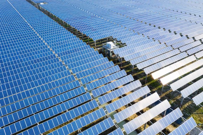 aerial view of blue solar panels
