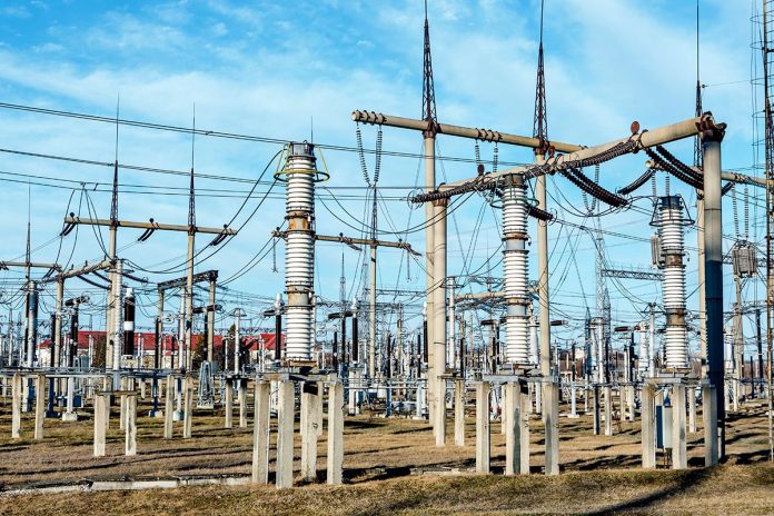 High voltage power transformer substation.