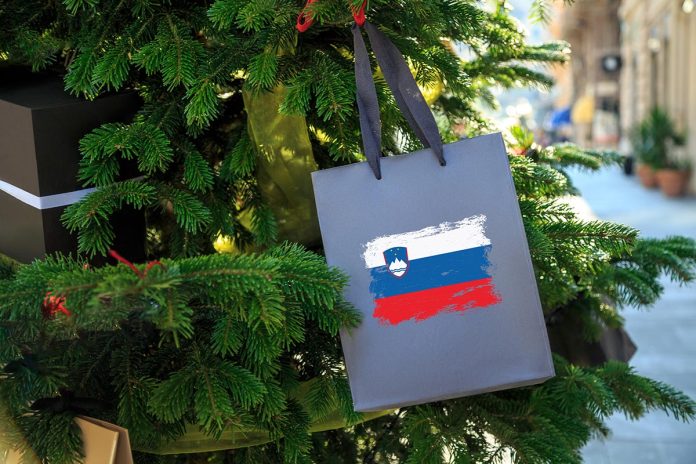 Slovenia,Flag,Printed,On,A,Christmas,Shopping,Bag.,Close,Up