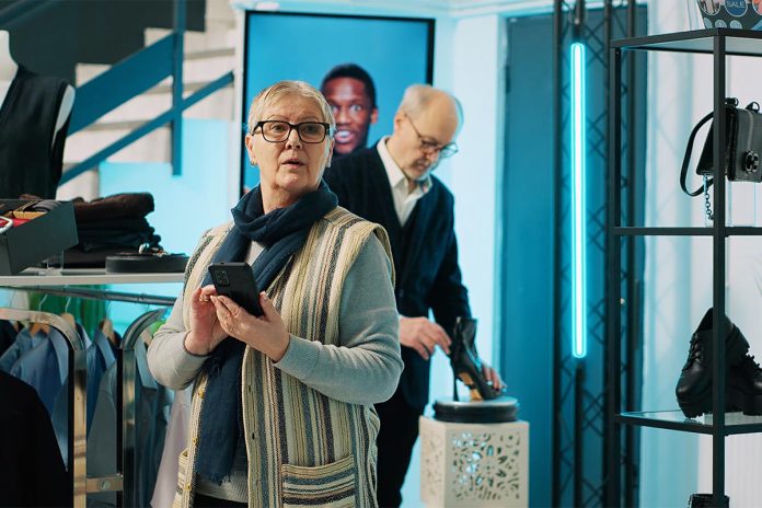 Elderly woman checking website stock to find items in store at mall