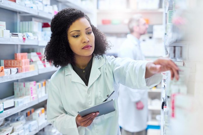 Woman,,Pharmacy,And,Tablet,By,Shelf,For,Drugs,,Stock,And