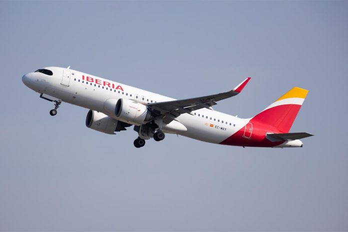 Spain,,Barcelona,-,August,8,,2023:,Iberia,Airbus,A320,Takes