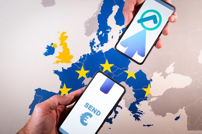 Smartphone,Screens,Displaying,Euro,Symbol,And,Transfer,Icon,Over,Map