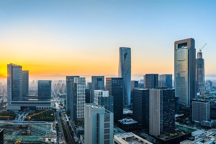 Aerial,View,Of,City,Skyline,And,Modern,Buildings,At,Sunrise