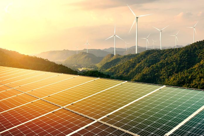 Wind,Turbine,With,Solar,Panels,On,Top,Mountain.clean,Energy.energy,Supply,wind