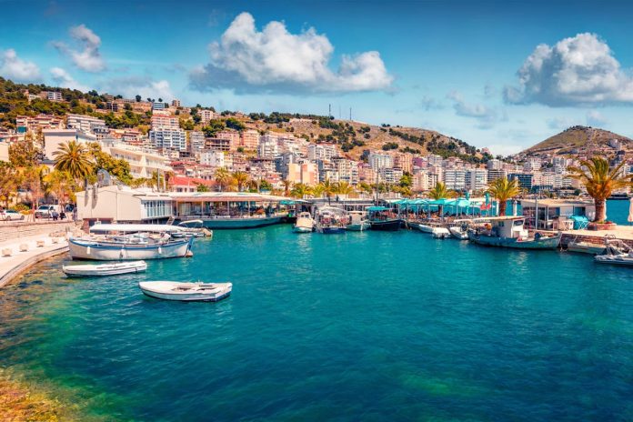 Wonderful,Spring,Cityscape,Of,Saranda,Port.,Marvelous,Ioninian,Seascape.,Exciting
