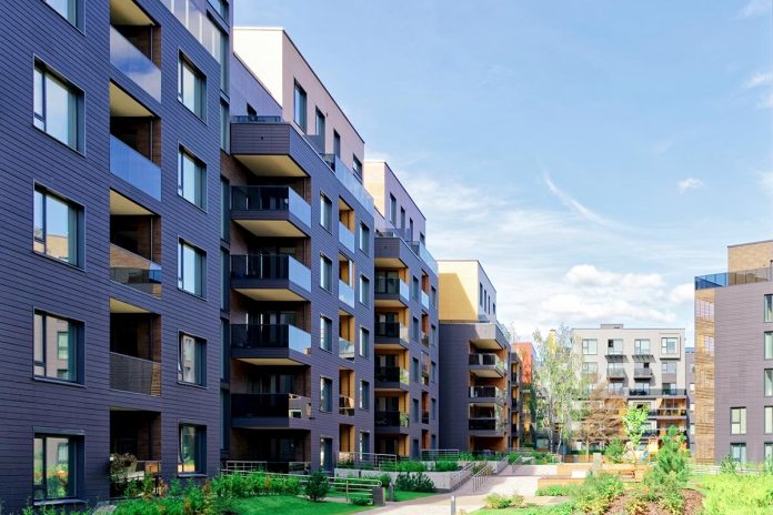 Benches,At,Modern,Architectural,Complex,Of,Apartment,Residential,Buildings.,And