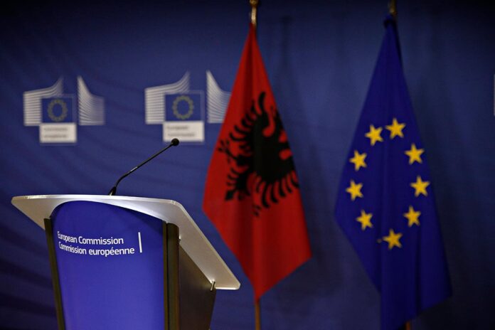 European,Union,Flag,And,Flag,Of,Albania,The,Eu,Commission
