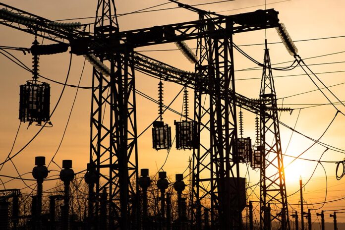 silhouette of a electrical sub station, Energy and industry.