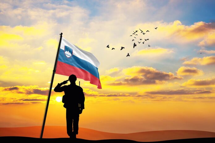 Silhouette,Of,A,Soldier,With,The,Slovenia,Flag,Stands,Against