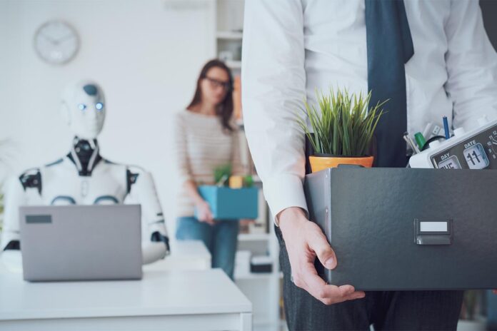 The impact of AI on jobs: fired business people leaving the offi