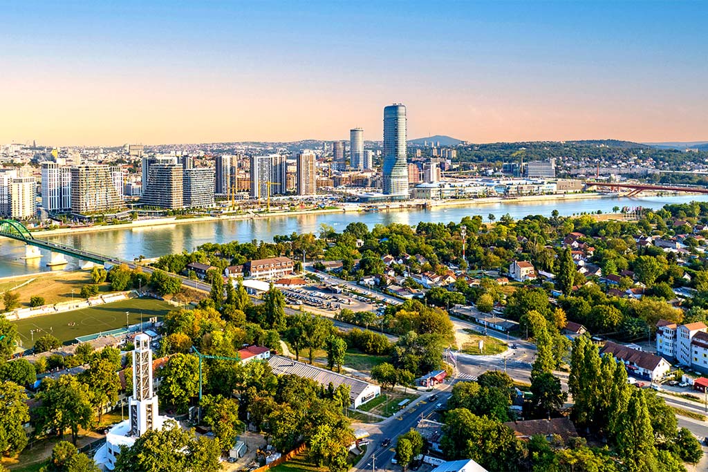 Panoramic night view of Belgrade Waterfront, Sava River, Belgrad