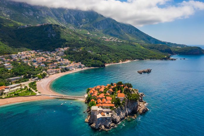 Aerial view of Sveti Stefan island in Budva, Montenegro.