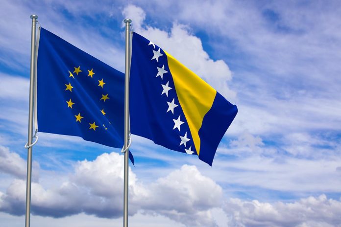 European,Union,And,Bosnia,And,Herzegovina,Flags,Over,Blue,Sky