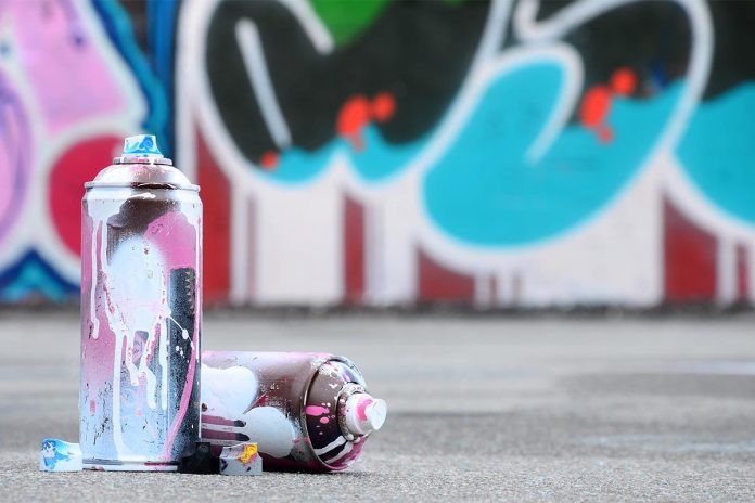 Several used spray cans with pink and white paint and caps for spraying paint under pressure is lies on the asphalt near the painted wall in colored graffiti drawings