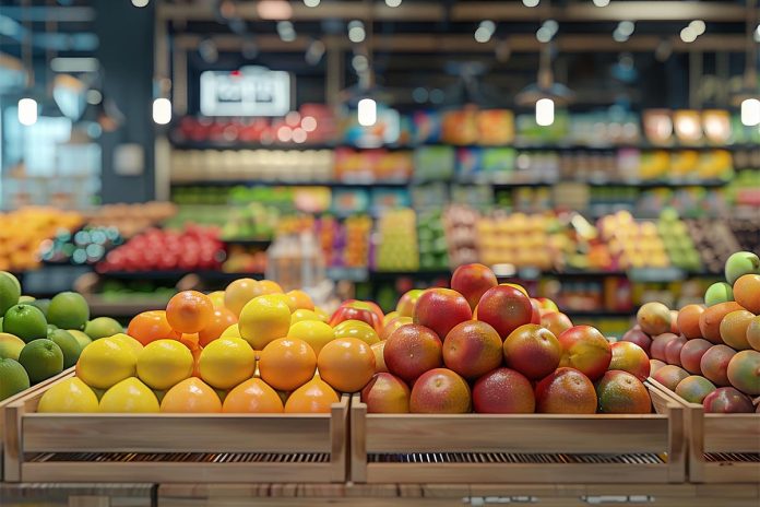 Fruit,Display,Of,A,Supermarket,,With,Colored,Fruits,Arranged,On